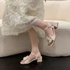 Versatile High-heeled Medium-heeled Fairy-style Women's Summer 2025 New One-word Thick-heeled French Sandals with Bow.