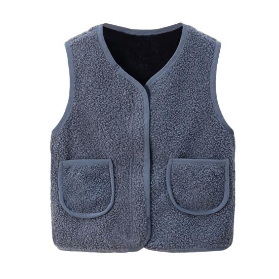 Barn Fleece Vest Ermløs Jakke Ensfarget V-hals Glidelåsvest med Lommer Varm Vinter Plysjvest for Gutter Jenter