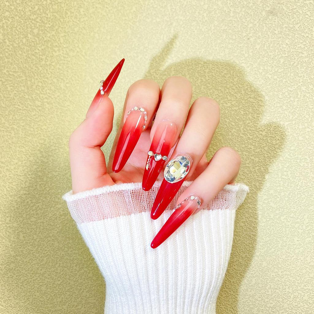 2026 Handmade Wine Red Gradient Rhinestone Press-on Nails - Elegant Pointed Design