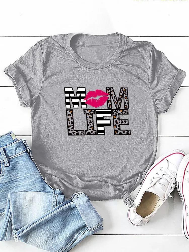 Red Lip Mom Life Leopard Print Women T Shirt Short Sleeve O Neck Loose Women Tshirt Ladies Tee Shirt Tops Camisetas Mujer