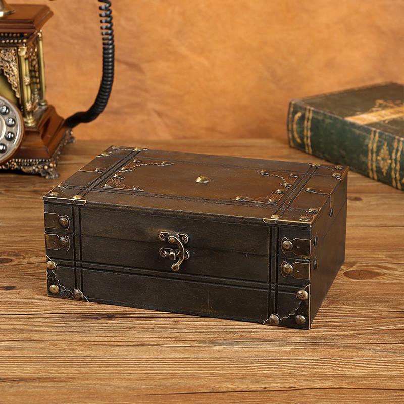 Vintage Chinese Style Wooden Square Storage Box With Lock For Desk Organizer