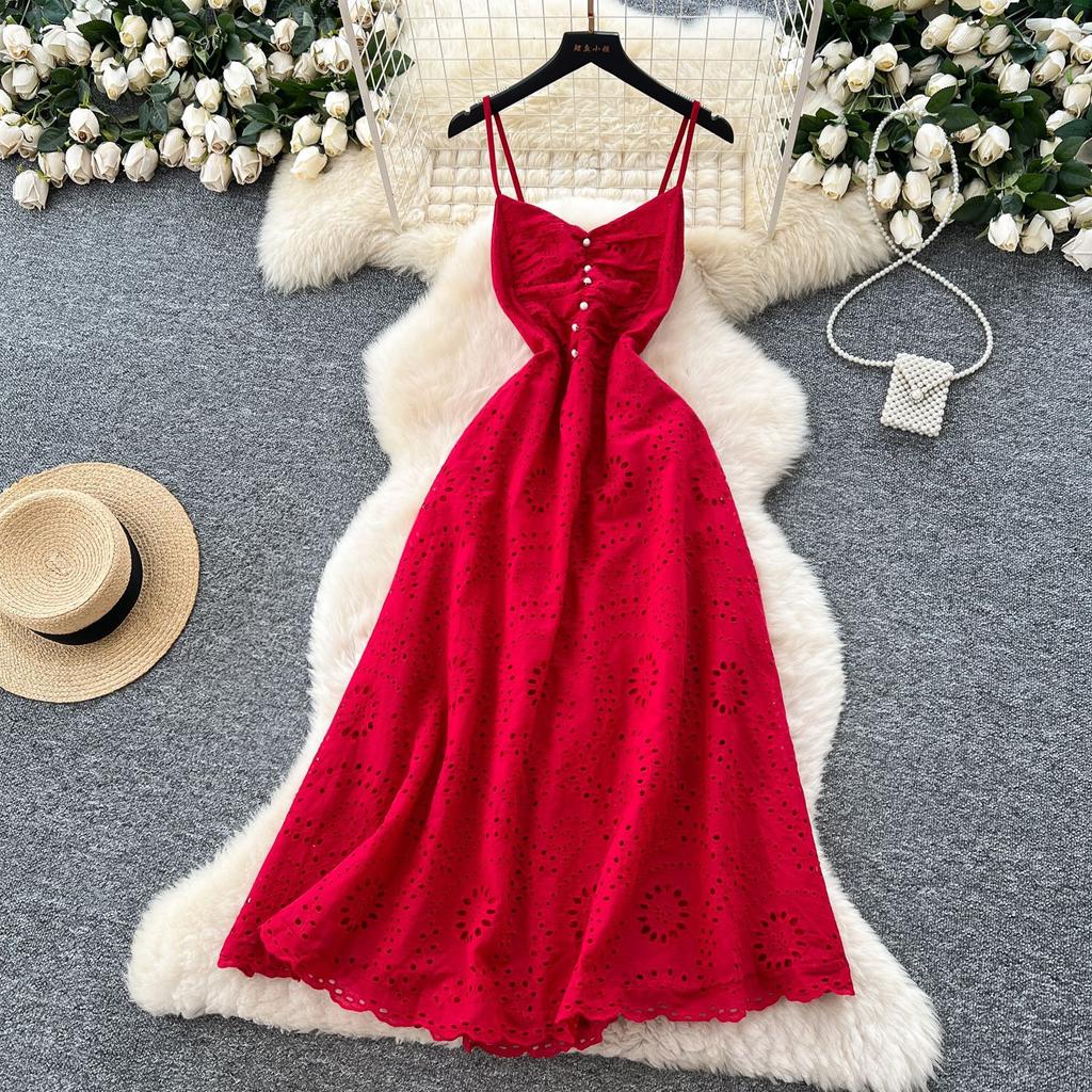 French Design Sense Heavy Industry Hollow Embroidery Waist Suspender Dress Women's Summer Thin Temperament Holiday Style Long Dress