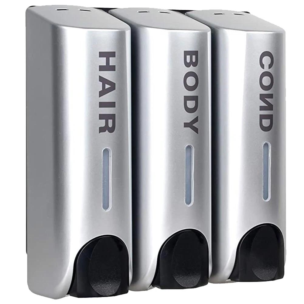 

Тройной диспенсер для геля для душа, шампуня, 350 мл, многоцелевой, настенный, термостойкий, большой емкости, для ванных принадлежностей серебряный