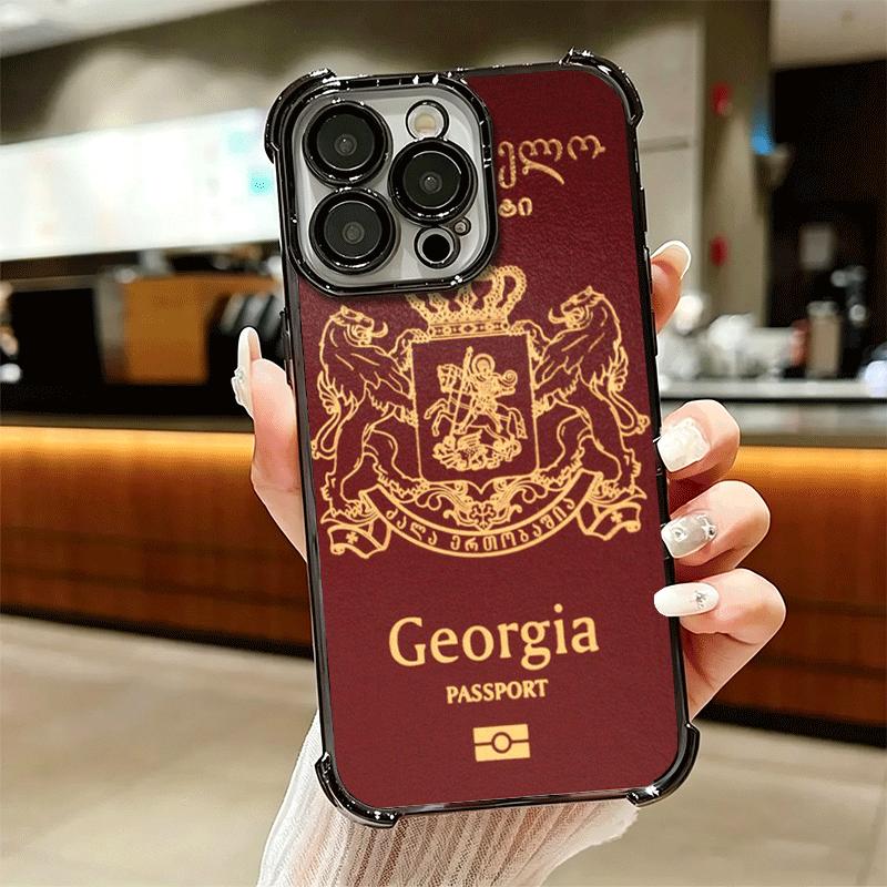 Georgia Passport Flag Plating Phone Case For Iphone 16 17 Pro Max Air 16E 14 15 Plus 12 13 Mini Anti-Fall Airabag Cover