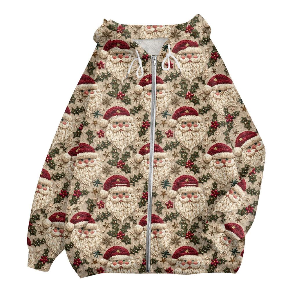 Women's Fashion Casual Long Sleeve Christmas Print Cardigan Coat With Pocket Zipper