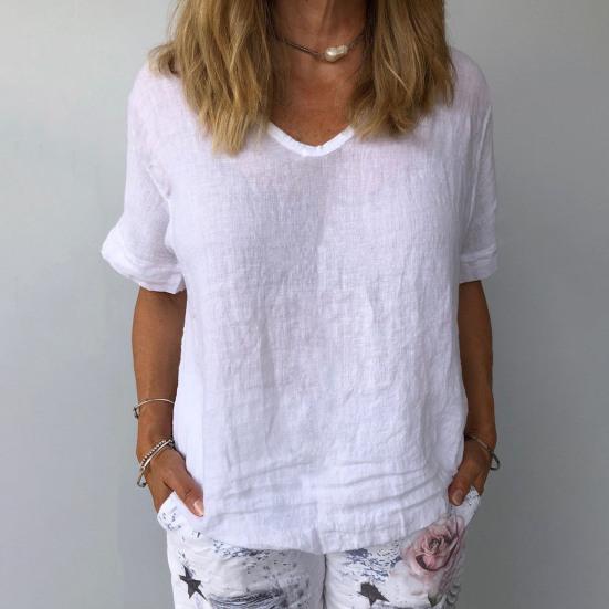 Camicetta pullover estiva tinta unita T-shirt da donna a maniche corte con scollo a V
