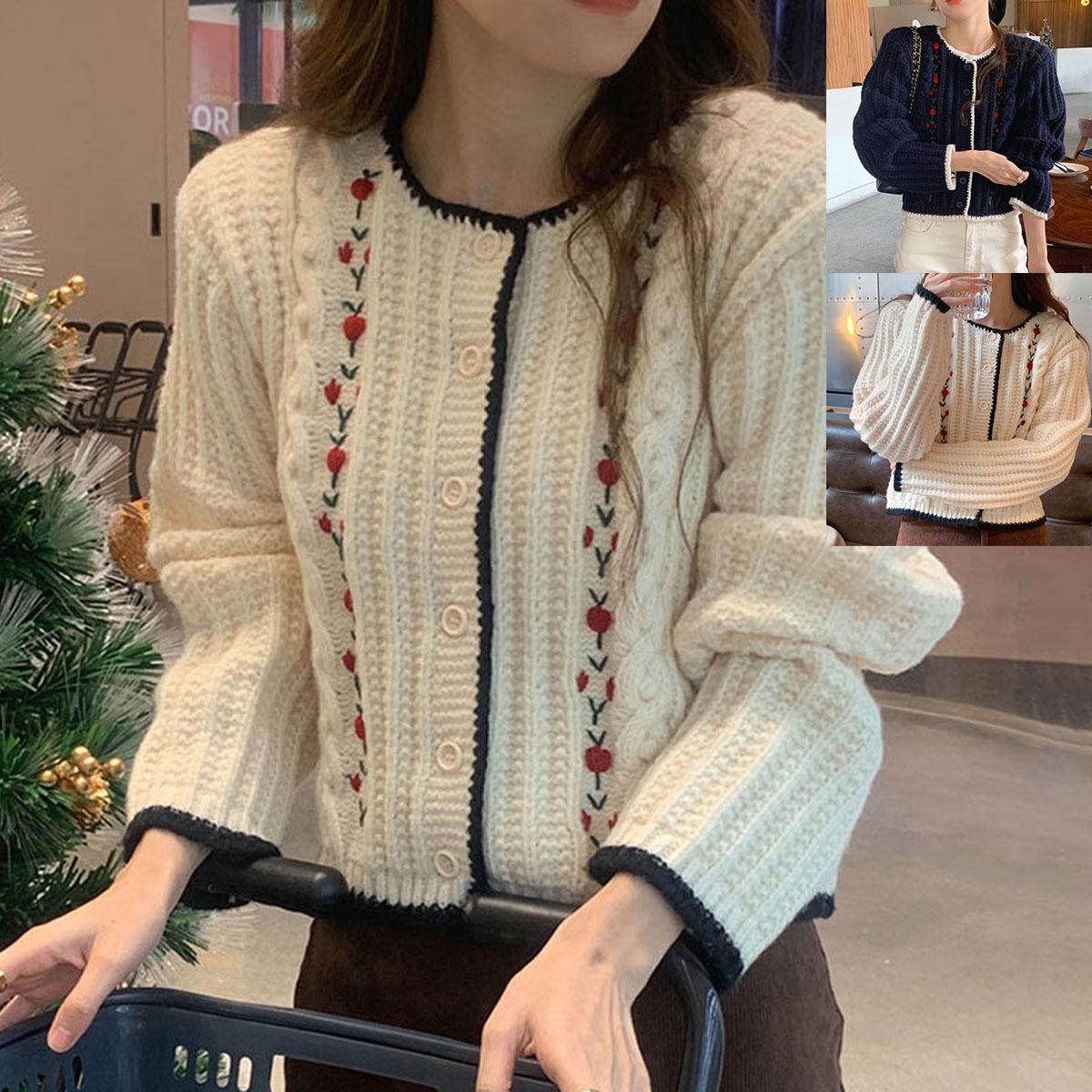 

Осенне-зимний трикотаж с круглым вырезом и цветочной окраской, женская куртка-свитер