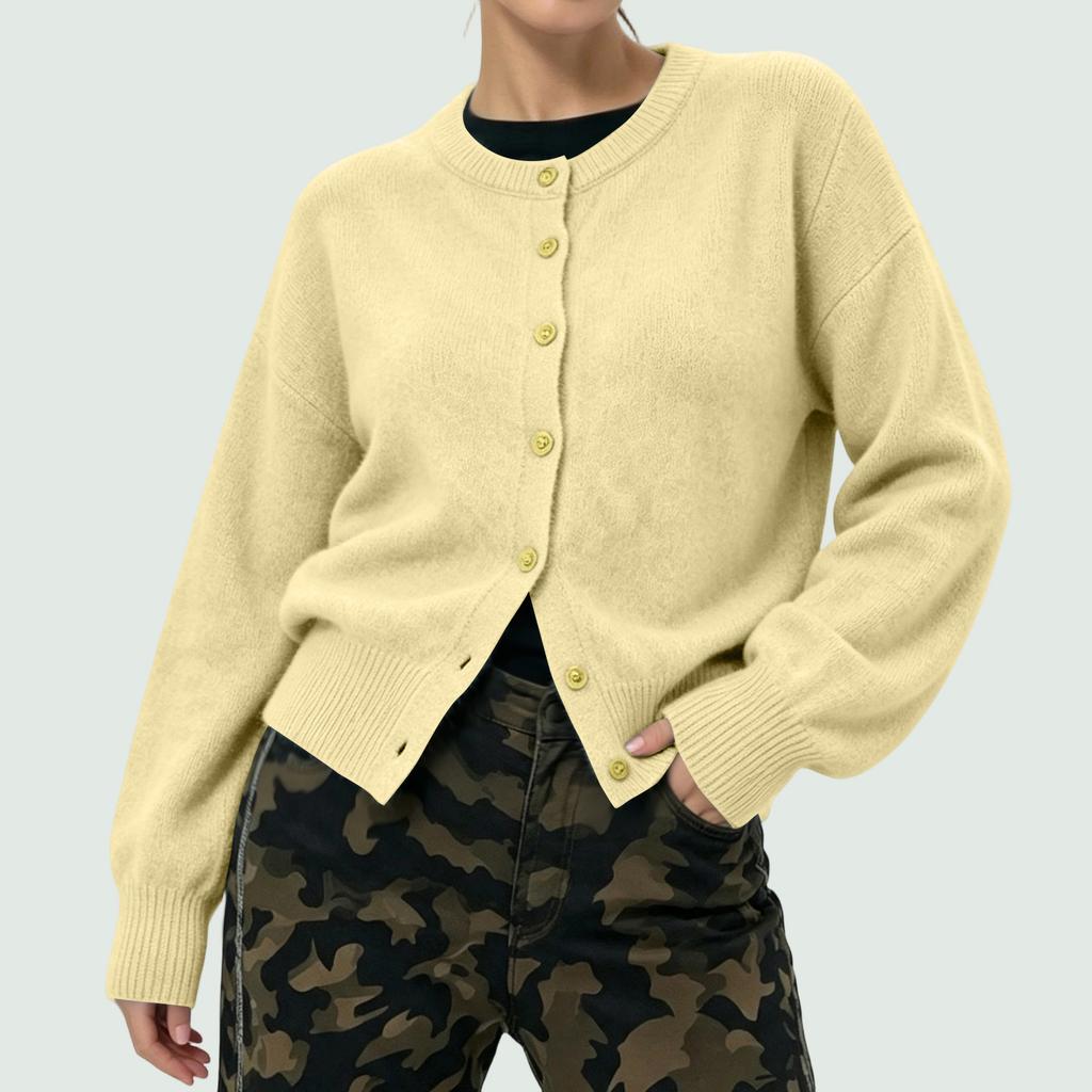 Women's Color Single Breasted Long Sleeve Round Neck Casual Knit Cardigan