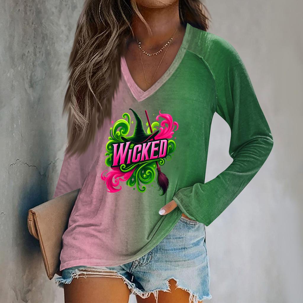 Women's Long Sleeve Plunger Sleeve Witch Printed Casual Top T-Shirt