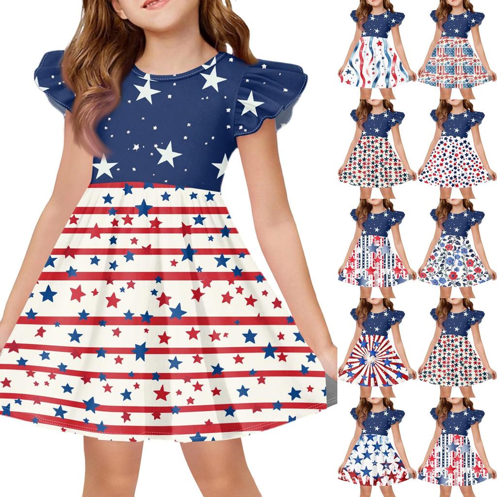 Meisjes Jurk met Ruches Mouwen Onafhankelijkheidsdag Genaaid Sterrenprint Casual Feestjurk Lichtgewicht Zachte Stof Zomerjurk voor Kinderen
