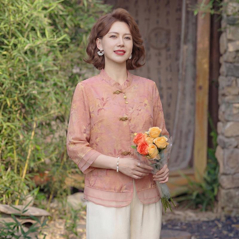

2026 Chinese Style Summer Shirt - Elegant Three-Quarter Sleeve for Middle-Aged and Elderly Women 4XL