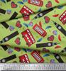 Soimoi Japan Crepe Satin Fabric Bus,Telephone Booth & London Clock Tower Architectural Print Sewing Fabric Metre 42 Inch