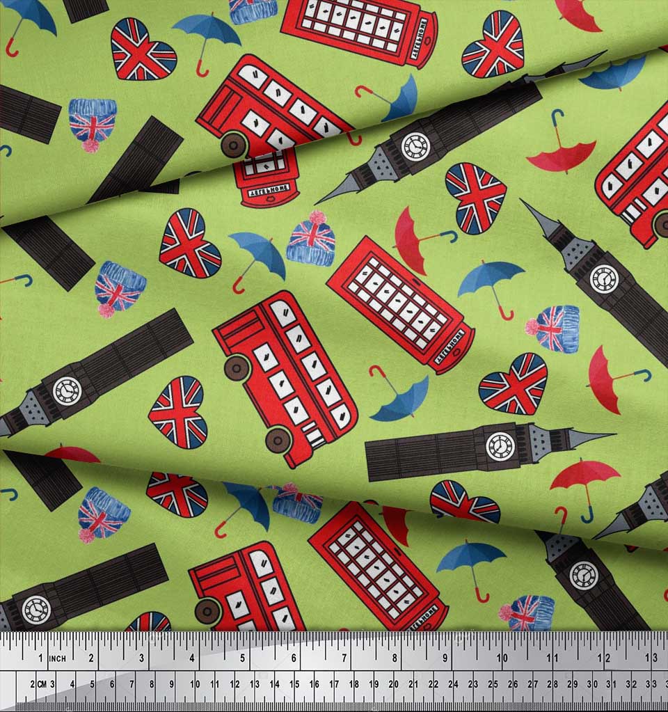 Soimoi Japan Crepe Satin Fabric Bus,Telephone Booth & London Clock Tower Architectural Print Sewing Fabric Metre 42 Inch