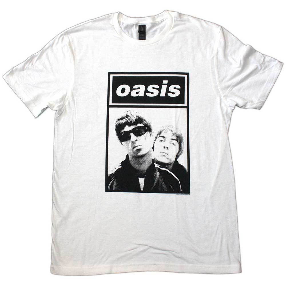 Oasis T-Shirt Noel Liam Gallagher Boxed Logo Official Band New White