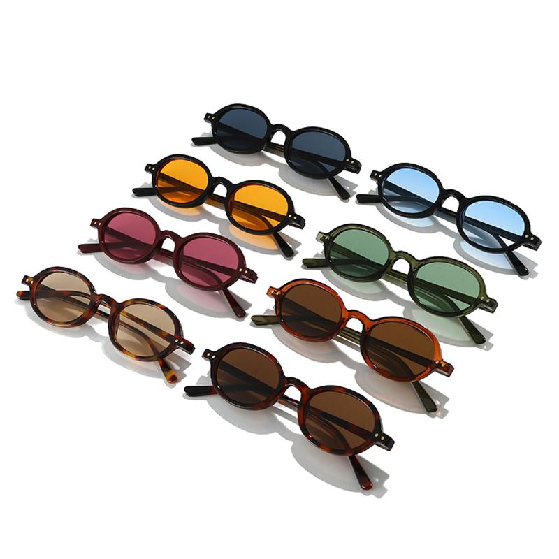 SO&EI Fashion Small Oval Sunglasses Rivets Women Shades UV400 Vintage Punk Men Candy Color Sun Glasses