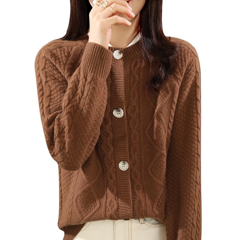 Chunky Knit Wool Women's Cardigan - Round Neck Solid Color, Diamond Plaid, Autumn/Winter Casual Jacket