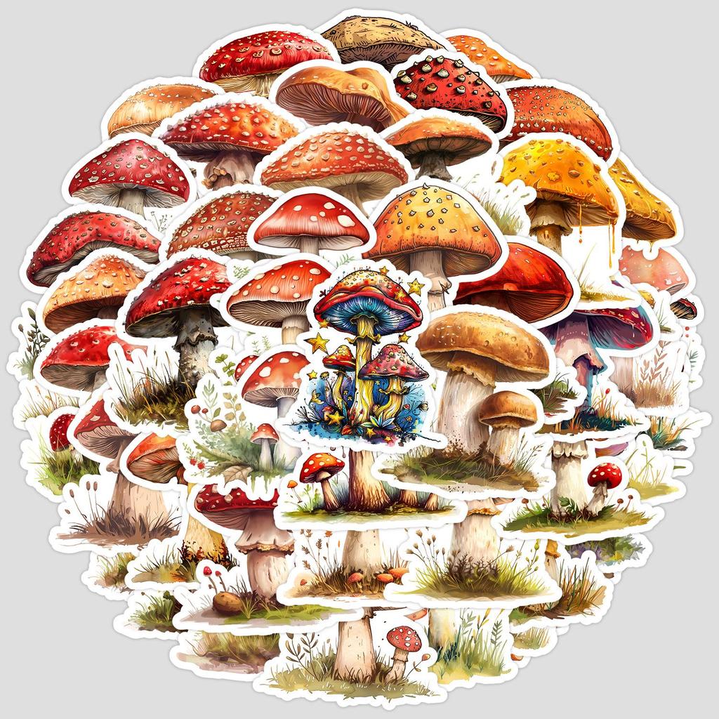 50 Watercolor Mushroom Doodle Stickers: Waterproof Decorative and Creative Fungi Stickers for Phone, Computer, and Stationery