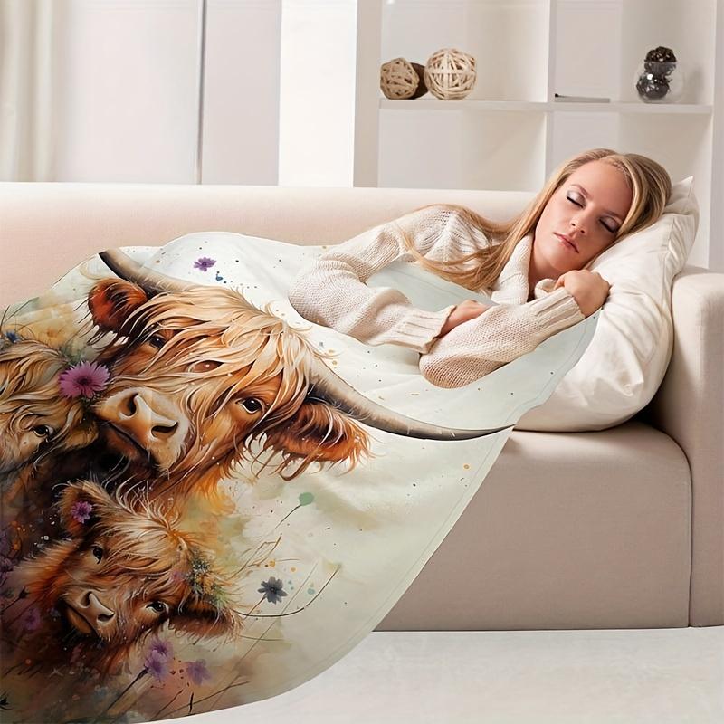 Highland Cow Shaggy Cattle Animal Print Art Blanket - Soft All-Season Multi-Purpose Throw for Couch, Bed, Office, Travel & Gift