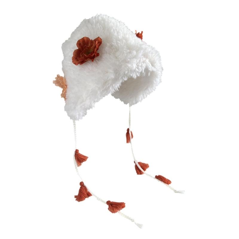 Soft Ear Muff Hat Winter Warm Hat Ethnic Flower Cap Cold Weather Plush Beanie