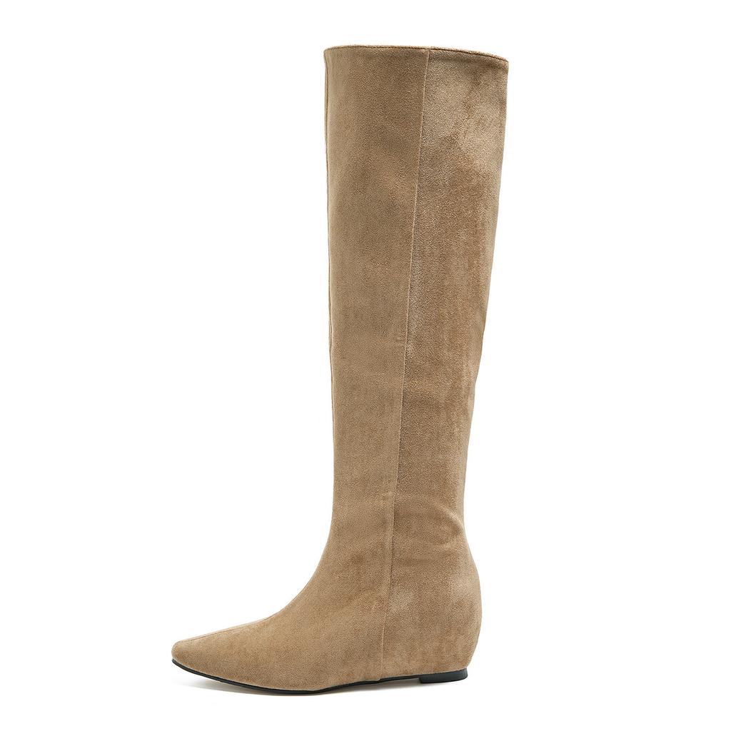 Sheepskin Version Retro Inner Heightening Boots Long Boots Women's Stacking Boots French Temperament Thin Pleated Tall Knight Boots