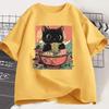 Cute Eating Ramen T-Shirt Women Adorable Graphic Tee Shirt Foodie and Cat Lover Tshirt Animal Printed Tees Top