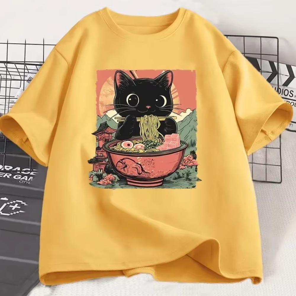 Cute Eating Ramen T-Shirt Women Adorable Graphic Tee Shirt Foodie and Cat Lover Tshirt Animal Printed Tees Top