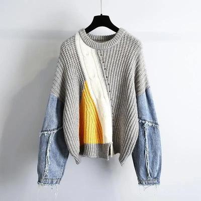 Denim Remendado Desfiado Manga Comprida Gola O Tricô Mohair Jumpers Suéter Feminino Solto Tops Roupa Feminina Moda