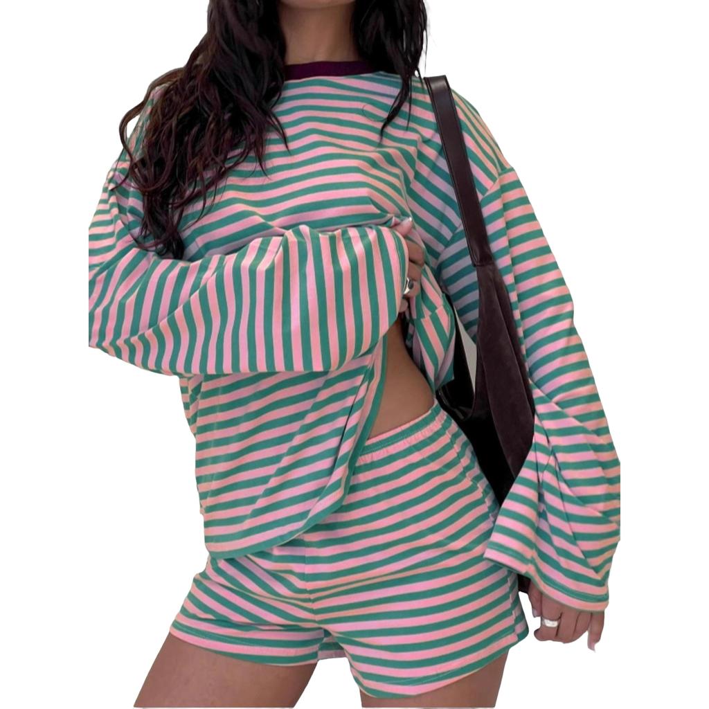 Women's Striped Pajama Set with Loose Fit Round Neck Long Sleeve Top and Elastic Waist Shorts