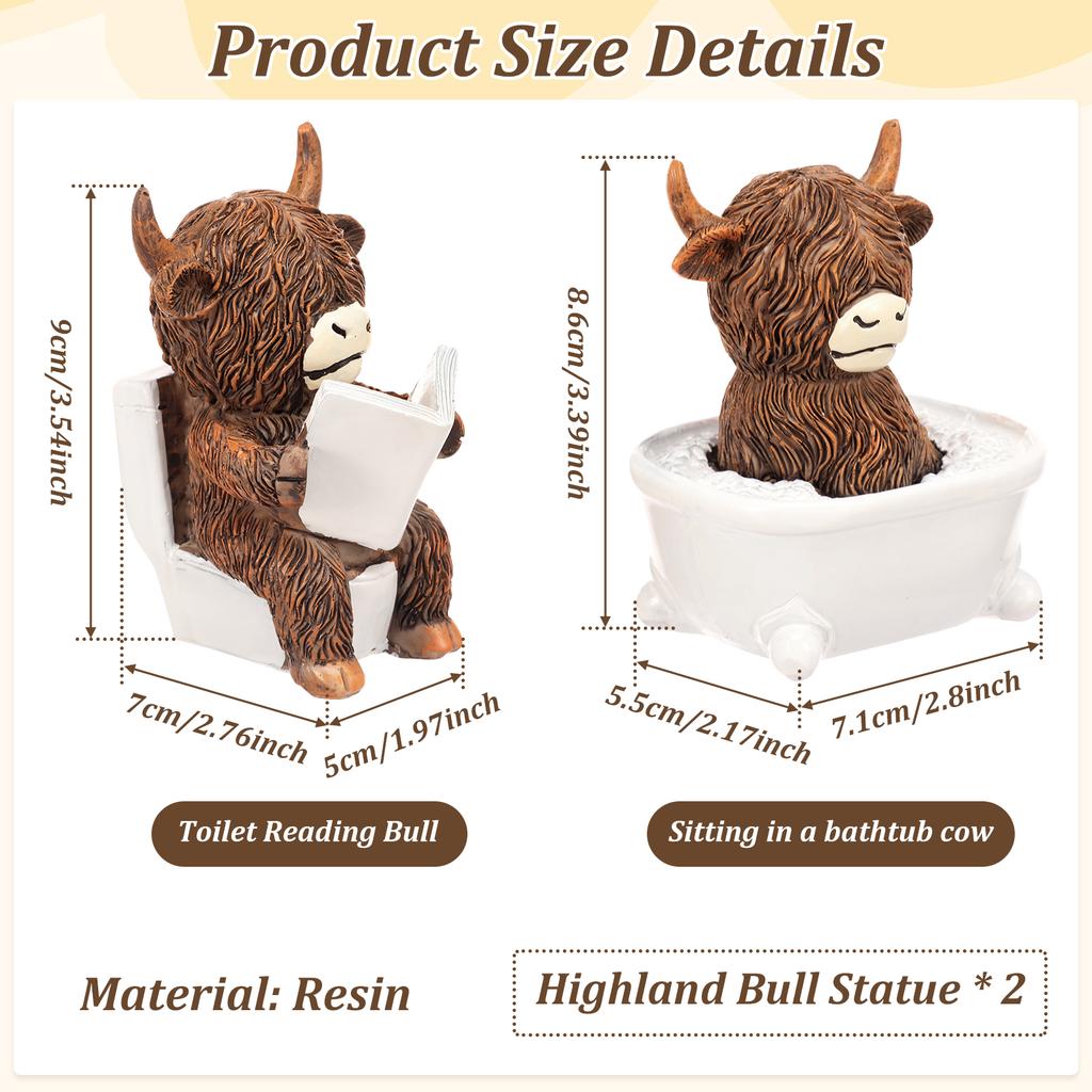 2 Pcs Scottish Highland Cow Resin Figurines Funny Bathing & Reading Highland Cow Statue for Office Bathroom and Home Decoration