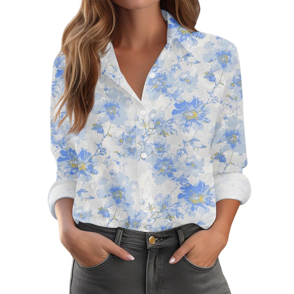 Dámská košile s knoflíky s květinovým potiskem, ležérní košilové halenky s dlouhým rukávem, ležérní základní topy ve standardní velikosti a plus size