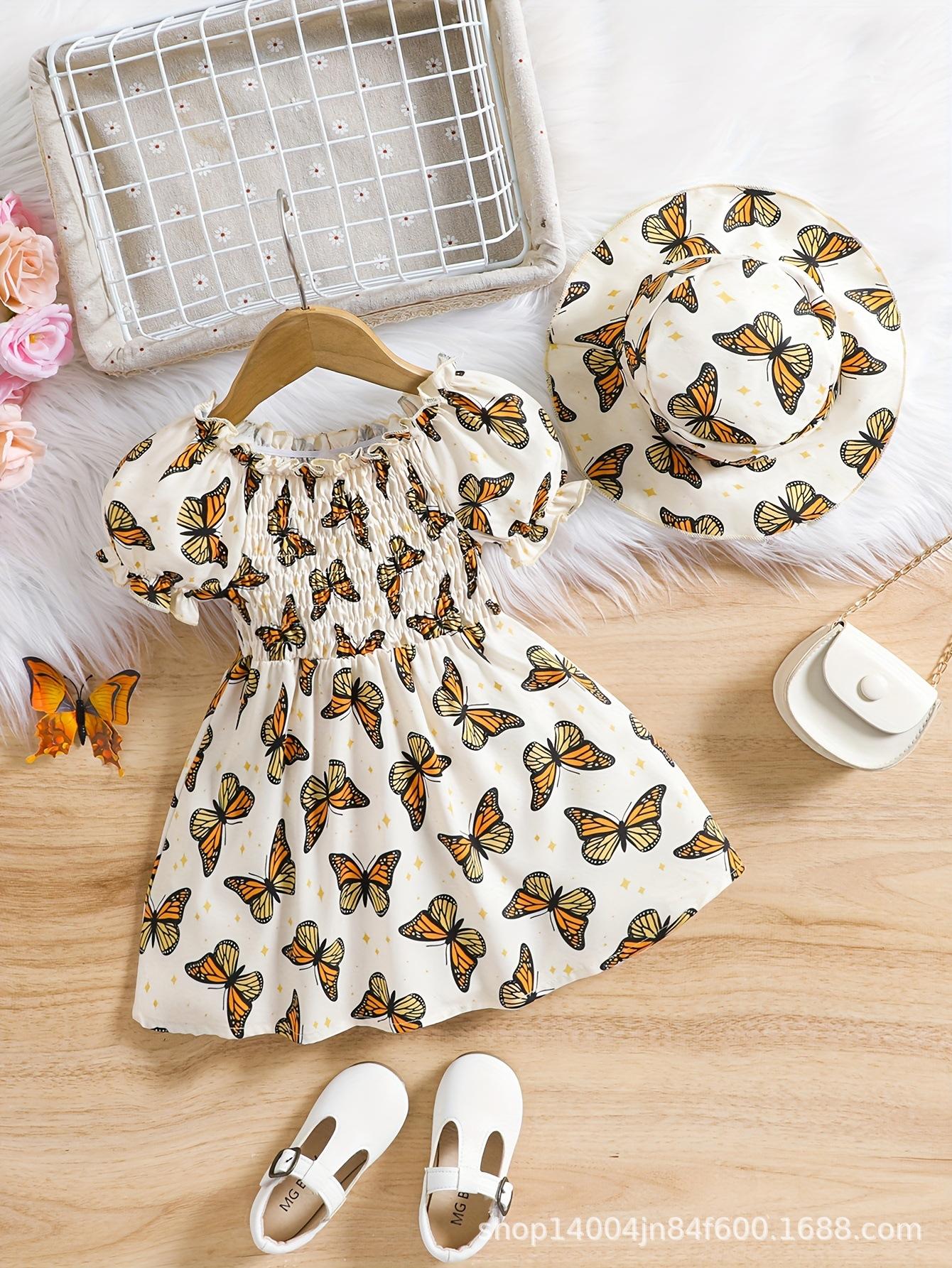 

Girls Fashionable Princess Dress Summer Children s Butterfly Print With Belt Dress And Cute Hat 9-12M