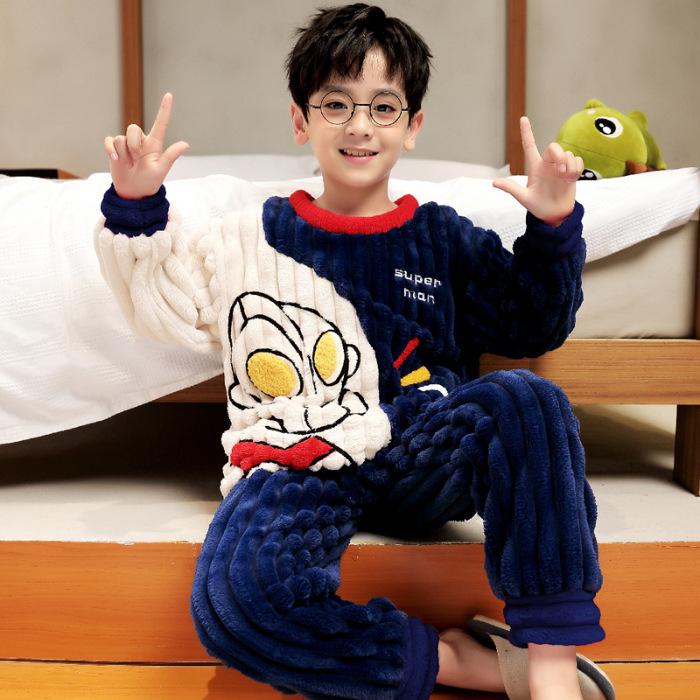 

Милая фланелевая пижама с рисунком для мальчиков - плотный вельвет, круглый вырез, на осень и зиму Size 12 [113-123 CM]