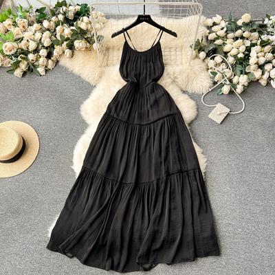 Saias sensuais sem costas estilo sling, vestido longo de praia, estilo high sense, para férias, com cintura justa e emagrecedora