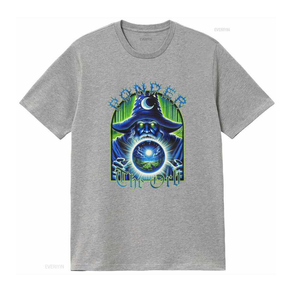 Vintage 80er Jahre Stil Zauberer Blau Ästhetik T-Shirt Extra Großer Druck mit Denke über die Kugel Design vintage Gewaschen Stilvoll homme