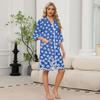 Damen Lässiges Leichtes Kleid mit Reißverschluss vorne, Blumendruck, Dreiviertelärmel, Knielang, mit Taschen für Loungewear und zum Schlafen