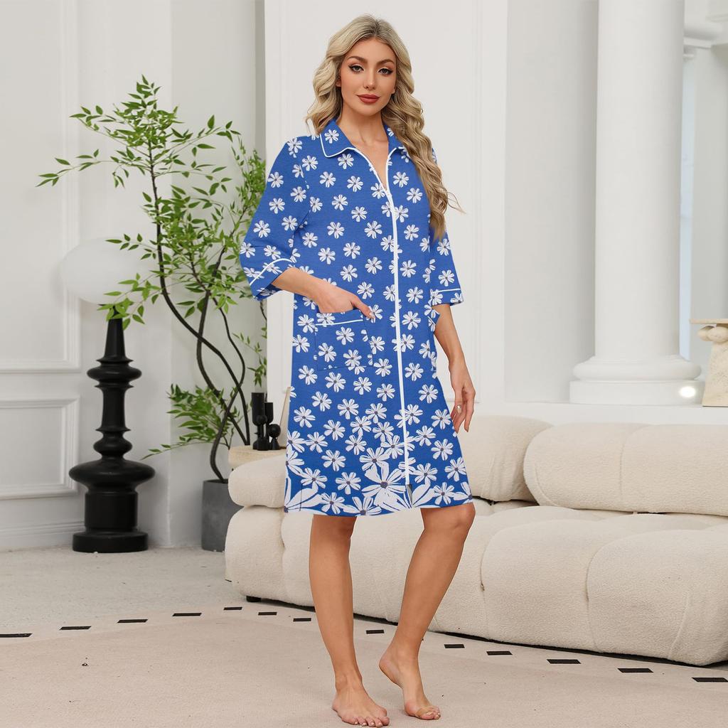 Damen Lässiges Leichtes Kleid mit Reißverschluss vorne, Blumendruck, Dreiviertelärmel, Knielang, mit Taschen für Loungewear und zum Schlafen