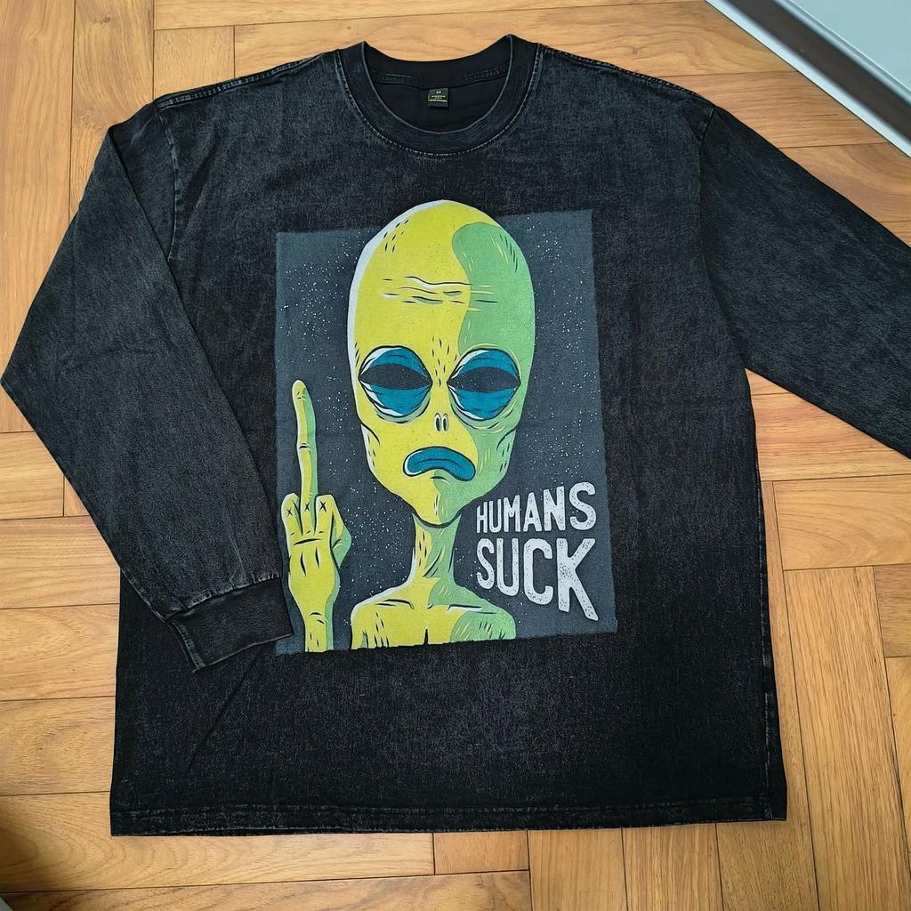 American Street Trend T-Shirt Hip Hop Spoof Printed Thin Sweater Washed Retro Trend Brand Long Sleeve T-Shirt Men And Women