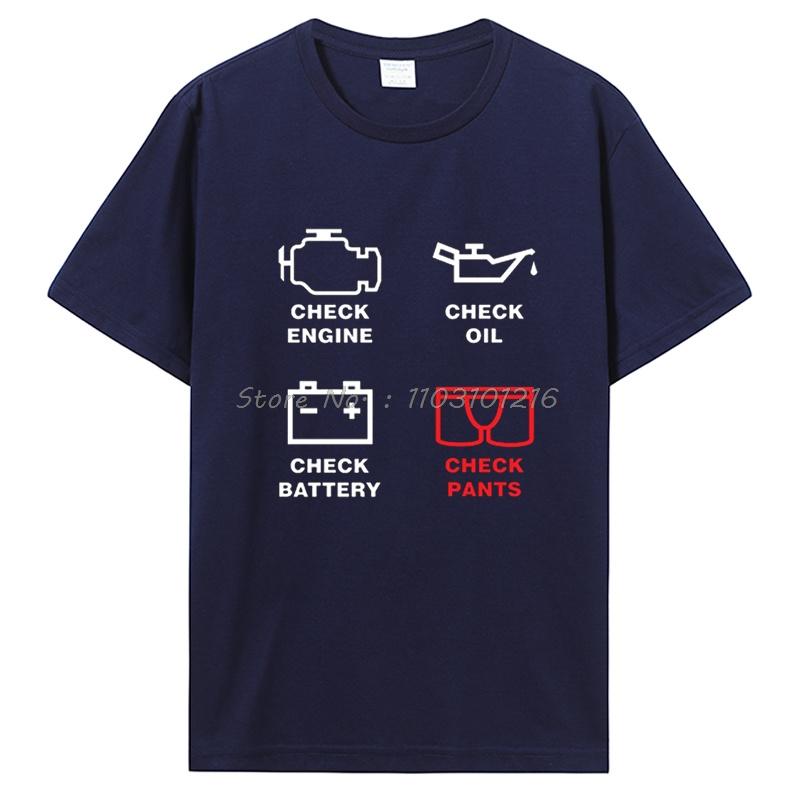 Funny Check Engine Oil Battery Pants Print T-shirt Cotton Fitness Short Sleeve O-Neck Mechanic Repair Tees Tops Men's Clothing