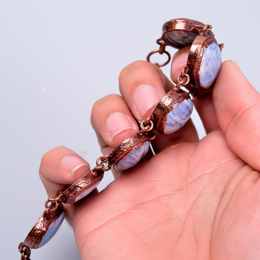 Oval Blue Kyanite Stone Copper Statement Anniversary Gift Electroformed Bracelet V-74