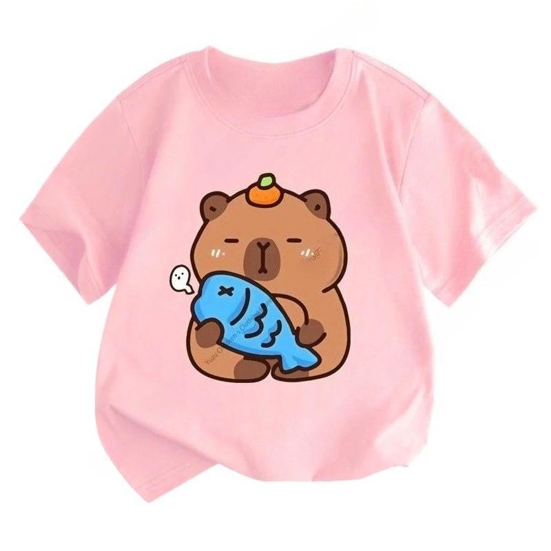 Summer New Trend Capybara Print Cute Childrens ShortSleeved Shirt Comfortable Cotton Boys Girls TShirt Fashion Kids Clothes