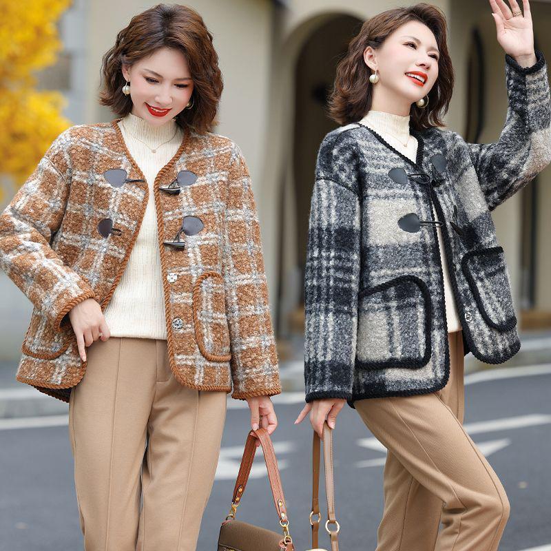 Plaid Woolen Coat for Middle-Aged & Elderly Women - Spring & Autumn Casual Cardigan