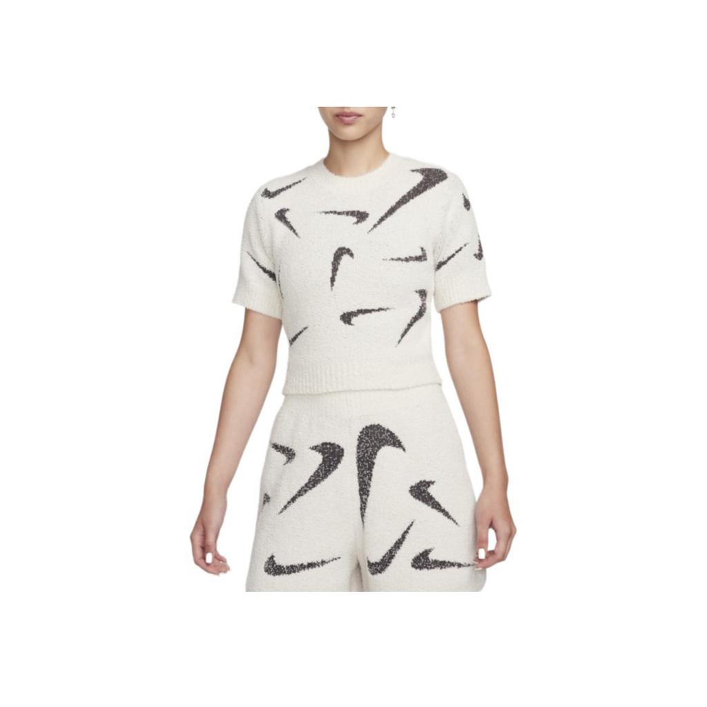Nike Phoenix Cozy Bouclé Logo Print Slim Fit Cropped Casual Knit Short Sleeve T-Shirt Women Tops FD4287-104