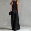 Mono sin mangas para mujer con cuello alto y cremallera frontal, informal, corte holgado, pierna ancha, una pieza