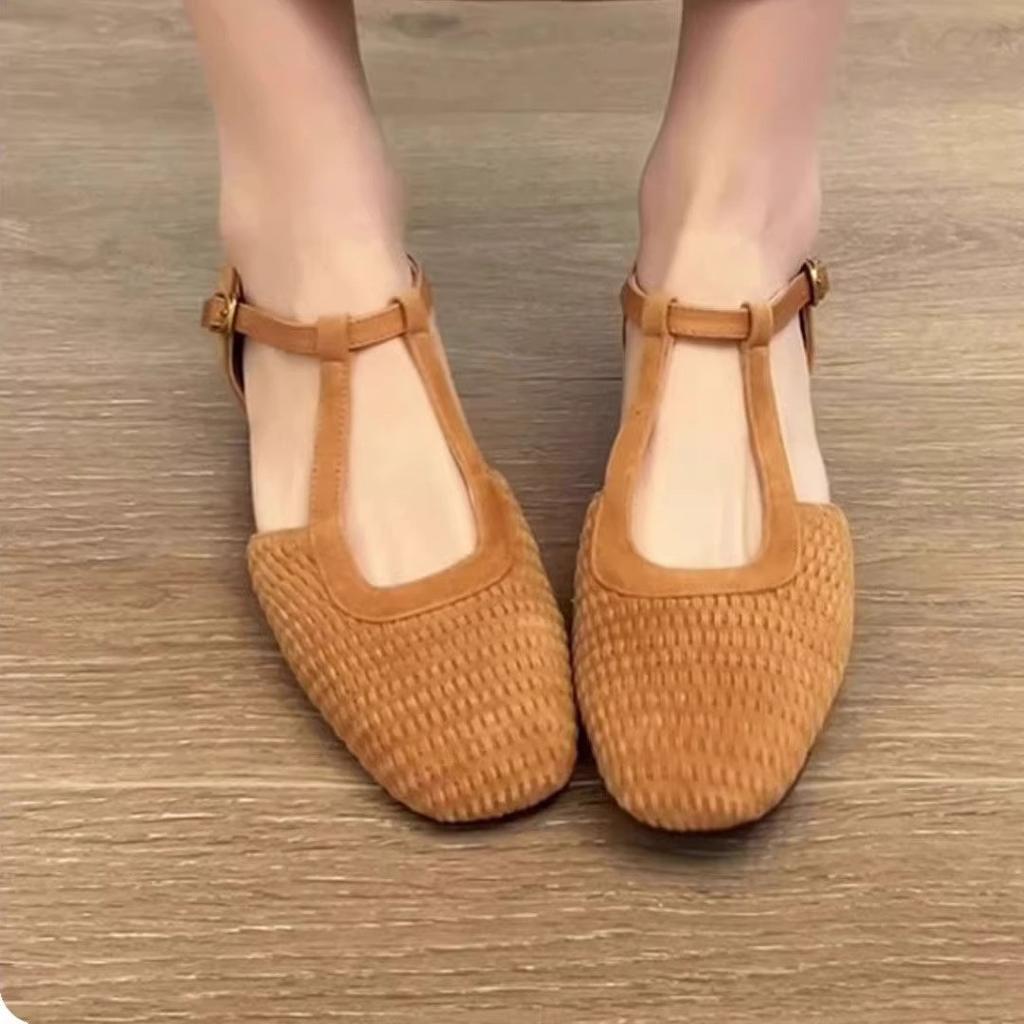 2025 new summer retro woven beautiful Roman sandals women's skirt hollow Mary Jane thick heel bag head single shoes