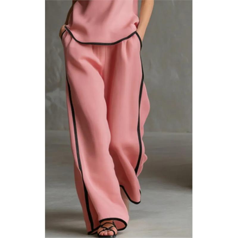 Casual Women Blocking Loose Sleeveless Button Vest Elastic Waist Wide Leg Pants Two Peice Set Summer V Neck Ladies Outfit