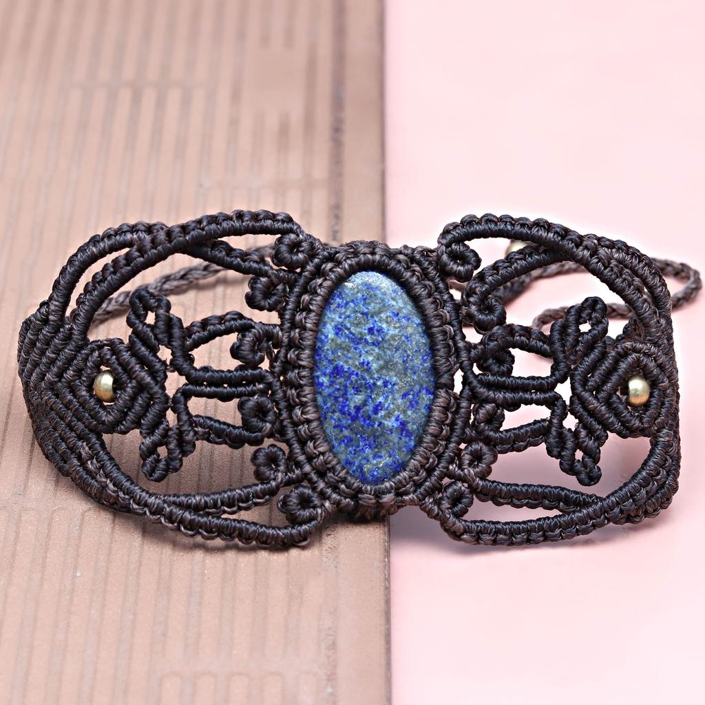Macrame Bracelet Natural Lapis Handmade Beads Lazuli Gemstone Adjustable