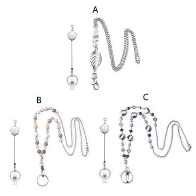 Women Retractable Badge Reel Lanyard with ID Card Holder Necklace Name Badge Holder Lanyard Stainless Steel Beaded Chain