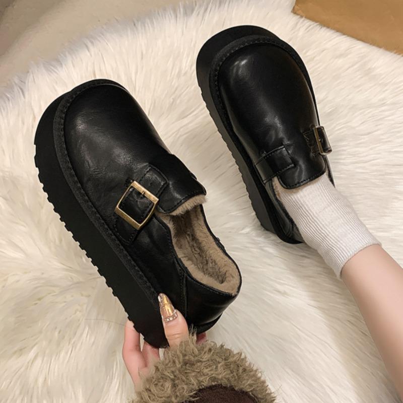 Flats Casual Cotton Shoes Women Loafers Platform Plush Warm Winter Retro Soft Leather Sneaker 2024 Trend Fur Snow Botas Mujer
