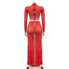European & American Fashion Mesh Hot Drilling See-through Long Sleeve Long Dress Two-piece Set for Women