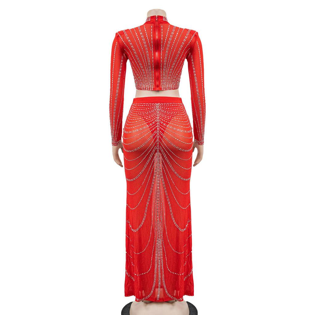 European & American Fashion Mesh Hot Drilling See-through Long Sleeve Long Dress Two-piece Set for Women